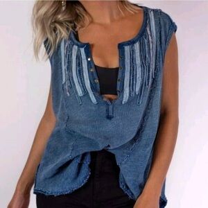 Free People Harvey Muscle Indigo Combo Oversized Sleeveless T-Shirt